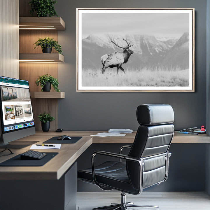 Rustic Elk Wall Art Canvas Print, Wildlife Antler Print, Framed Western Hunting Lodge Art Print, Large Mountain Nature Scene Printing Perfect for Japanese Decor