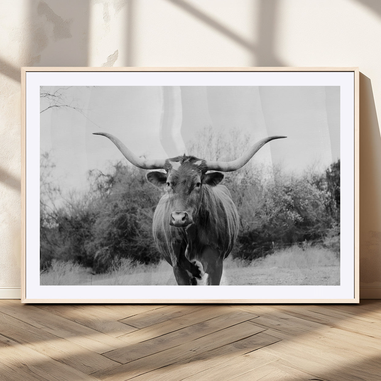 Black and white photo of a Longhorn cow facing camera, ideal for rustic, farmhouse, or western-themed home wall decor.