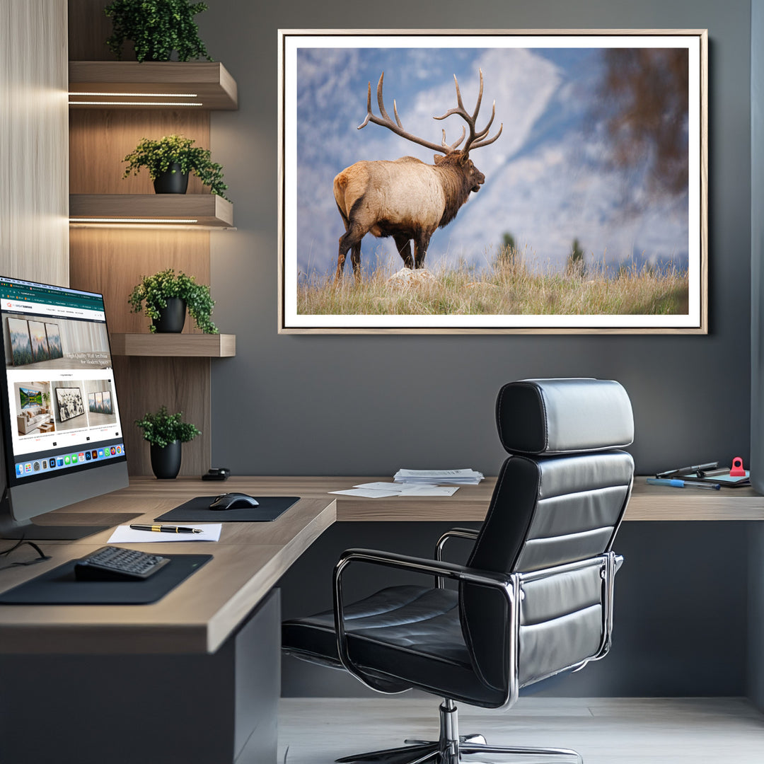 Rustic Elk Wall Art Canvas Print, Wildlife Antler Print, Framed Western Hunting Lodge Art Print