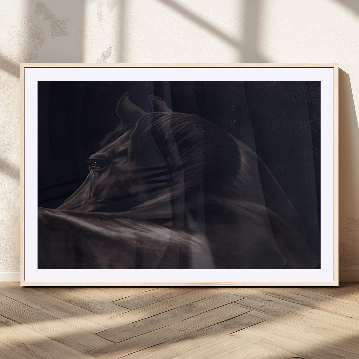 Moody black horse portrait with dramatic lighting on dark background, ideal for rustic, modern or Western style home decor.