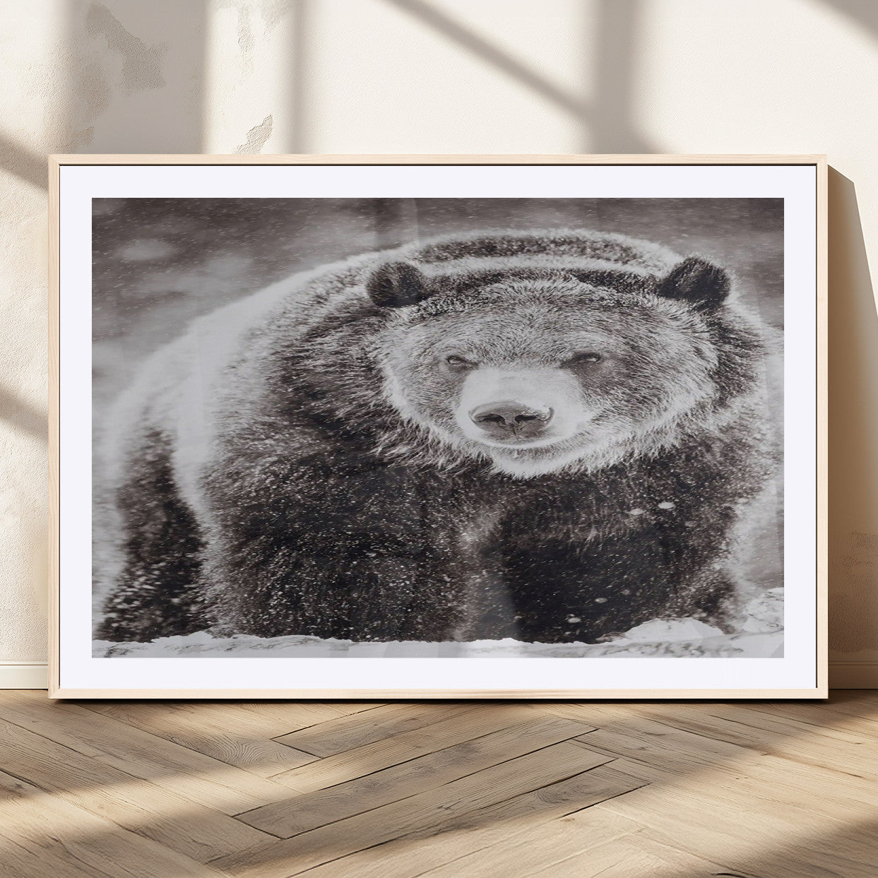 Snow-covered grizzly bear in black and white, ideal for rustic lodge, cabin or wildlife-themed home wall decor.