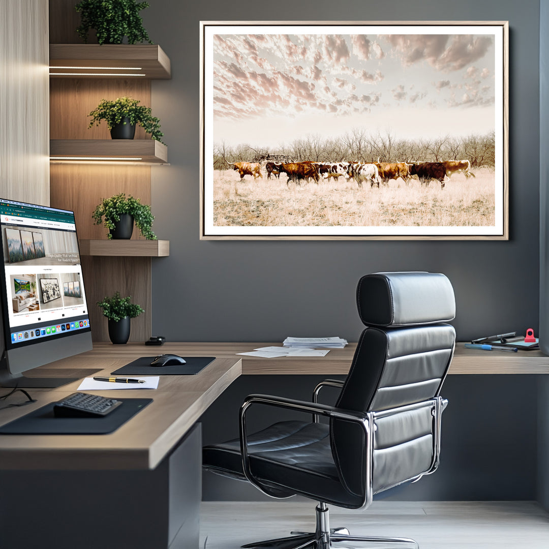 Longhorn Cattle Wall Art Canvas Print, Texas Ranch Print, Framed Western Cow Art Print, Large Prairie Landscape Printing Perfect for Western Decor