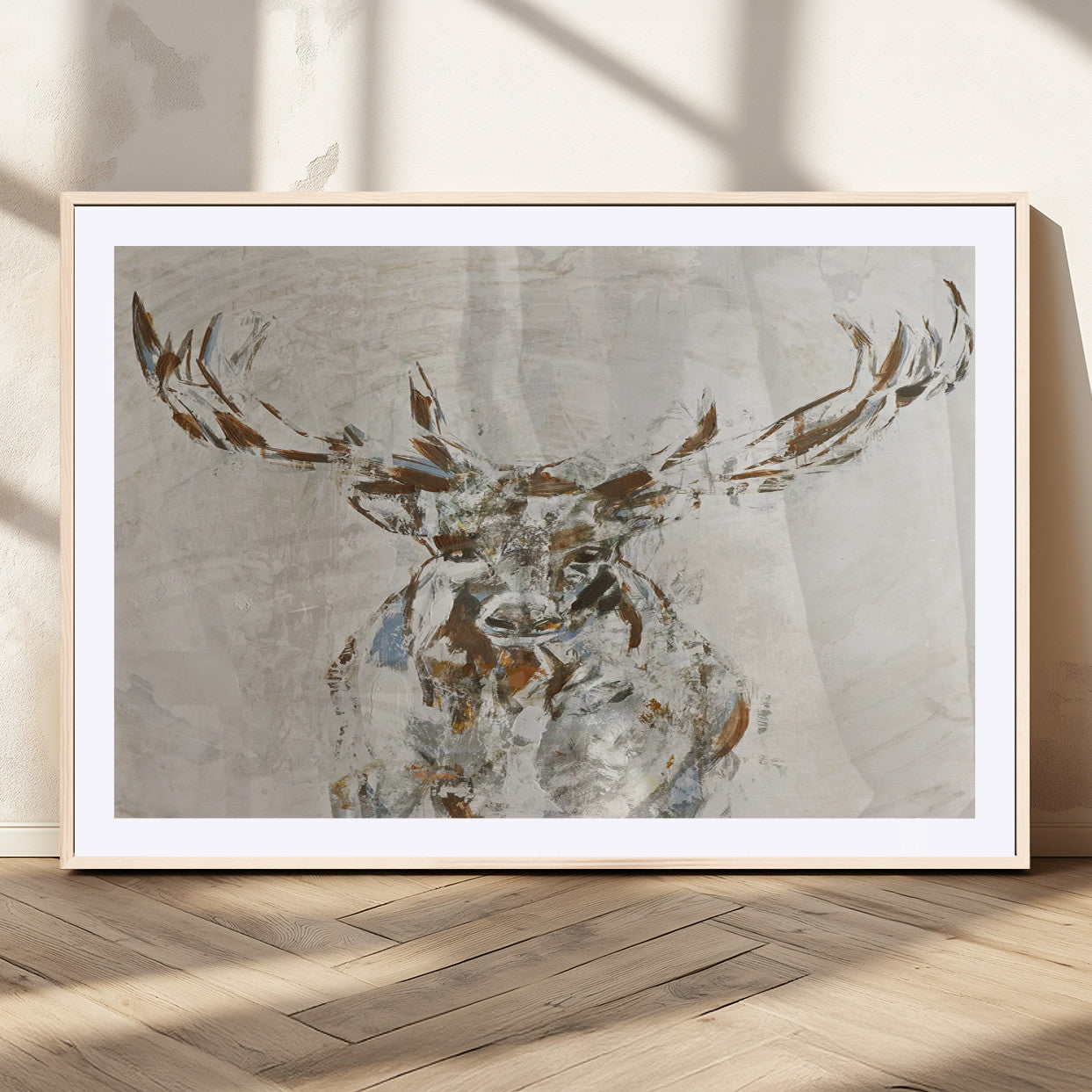 Abstract painting of a deer with antlers in neutral earth tones, ideal for modern rustic or lodge-style living room wall decor.