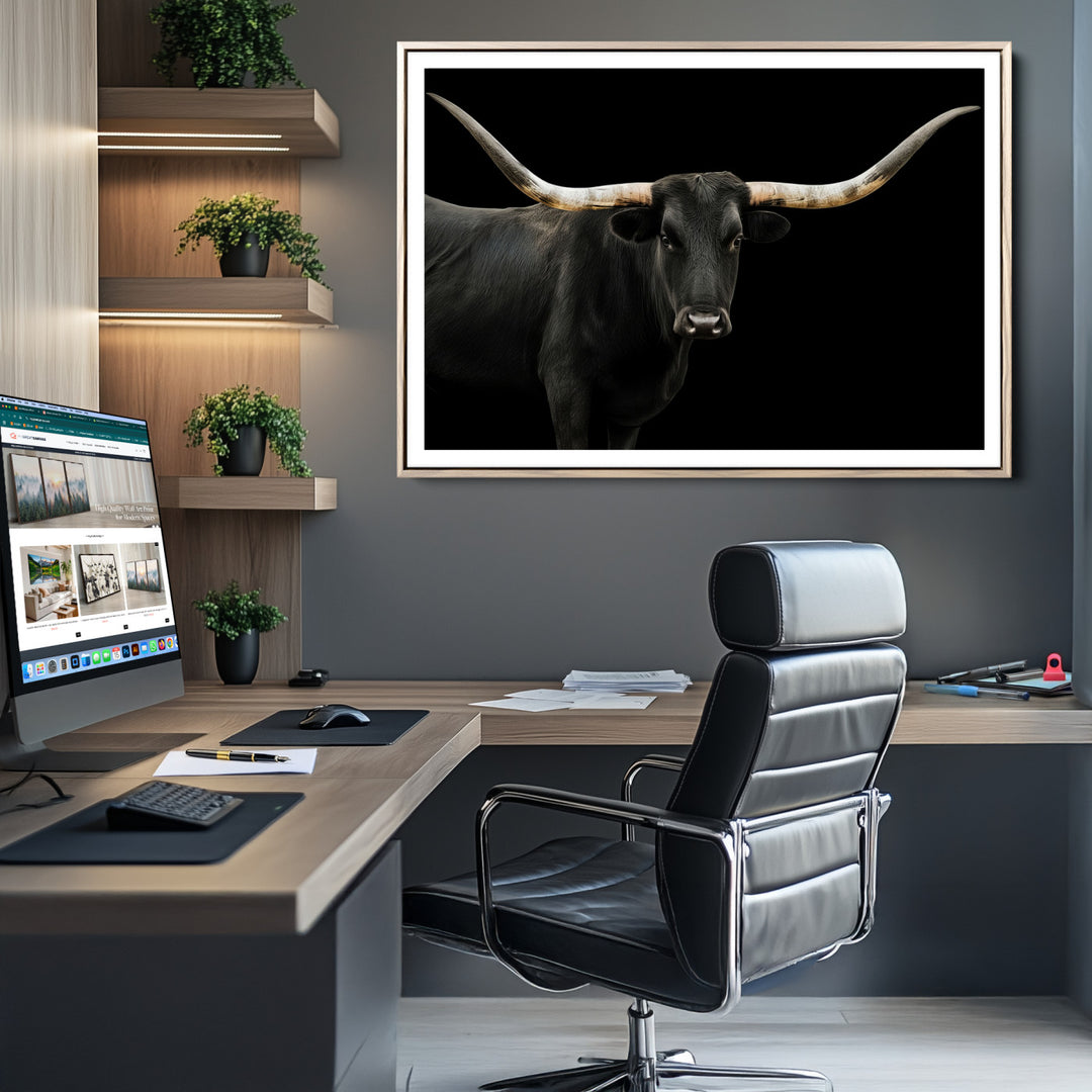 Black White Longhorn Bull Wall Art Canvas Print, Texas Ranch Print, Framed Western Cow Art Print for Farmhouse Decor - Longhorn Print