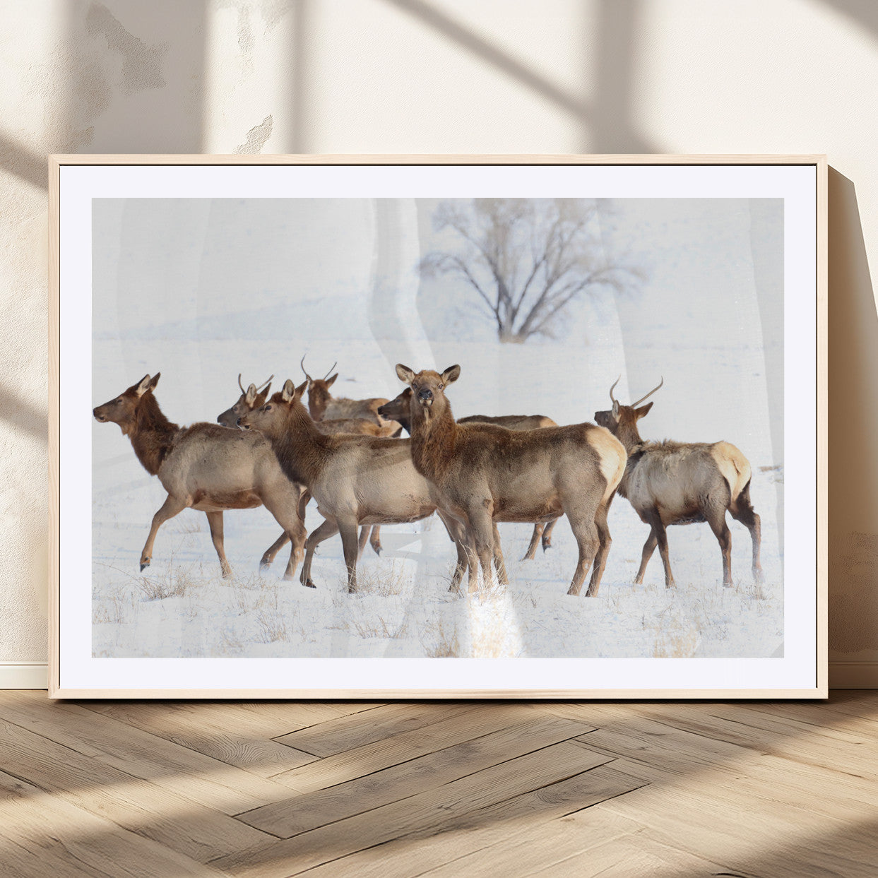 A group of elk standing on snowy terrain with a tree in the background, perfect for rustic or lodge-style winter wall decor.
