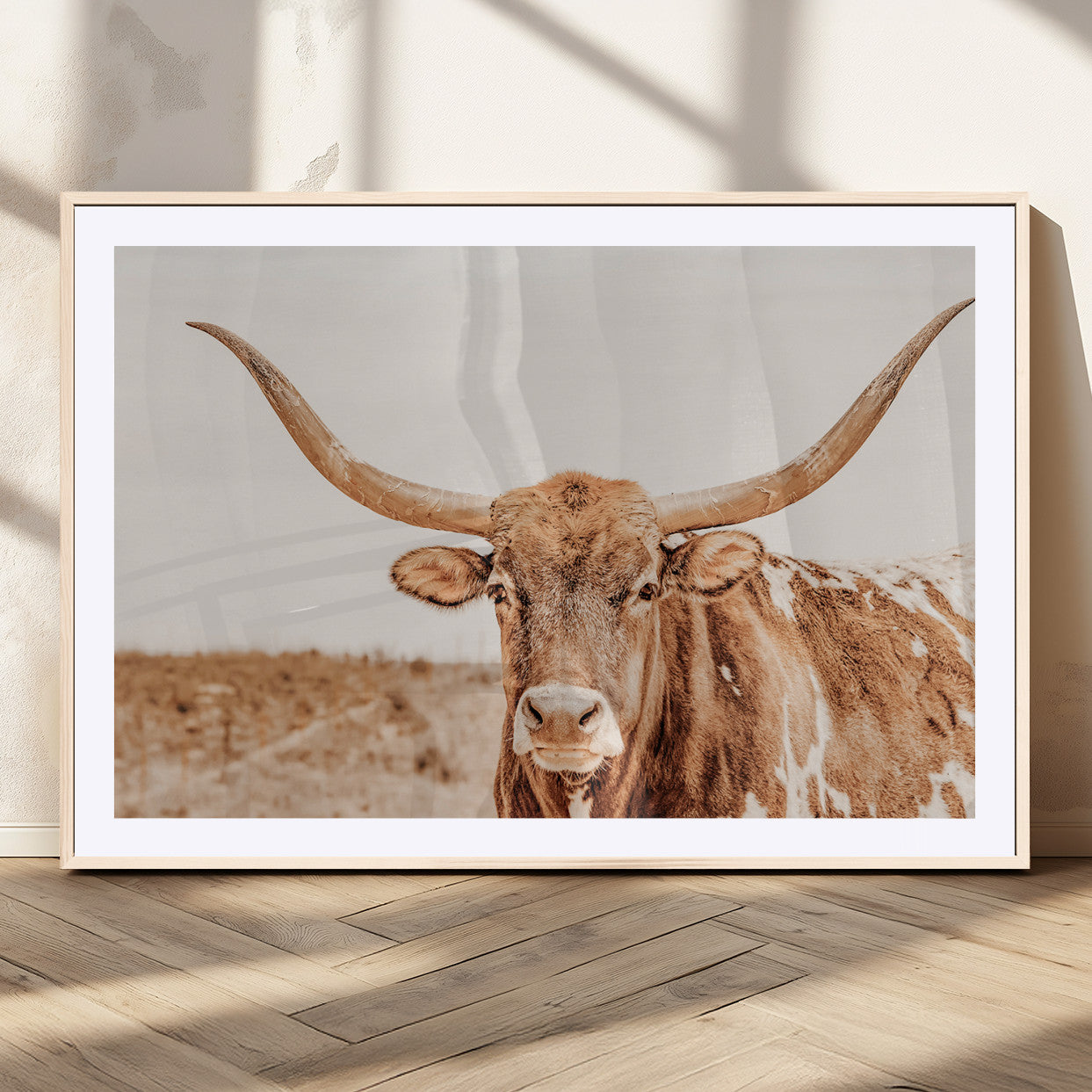 A longhorn bull standing proudly in a sunlit desert field with warm neutral tones, ideal for rustic western or farmhouse interiors.