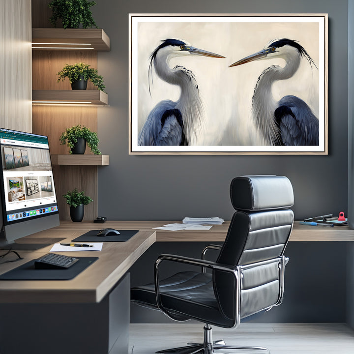 Blue Heron Pair Art Canvas Print, Coastal Bird Theme Print, Framed Tranquil Wildlife Scene Art Print, Large Nature Inspired Decor