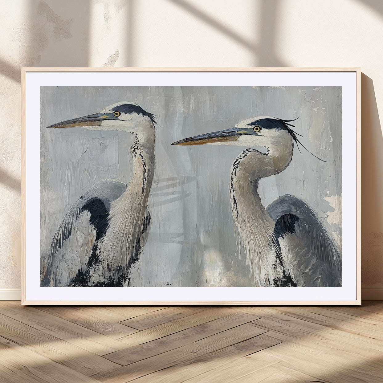 Two elegant herons in profile with soft brush strokes and blue-grey tones, ideal for serene, coastal, or minimalist interior decor.