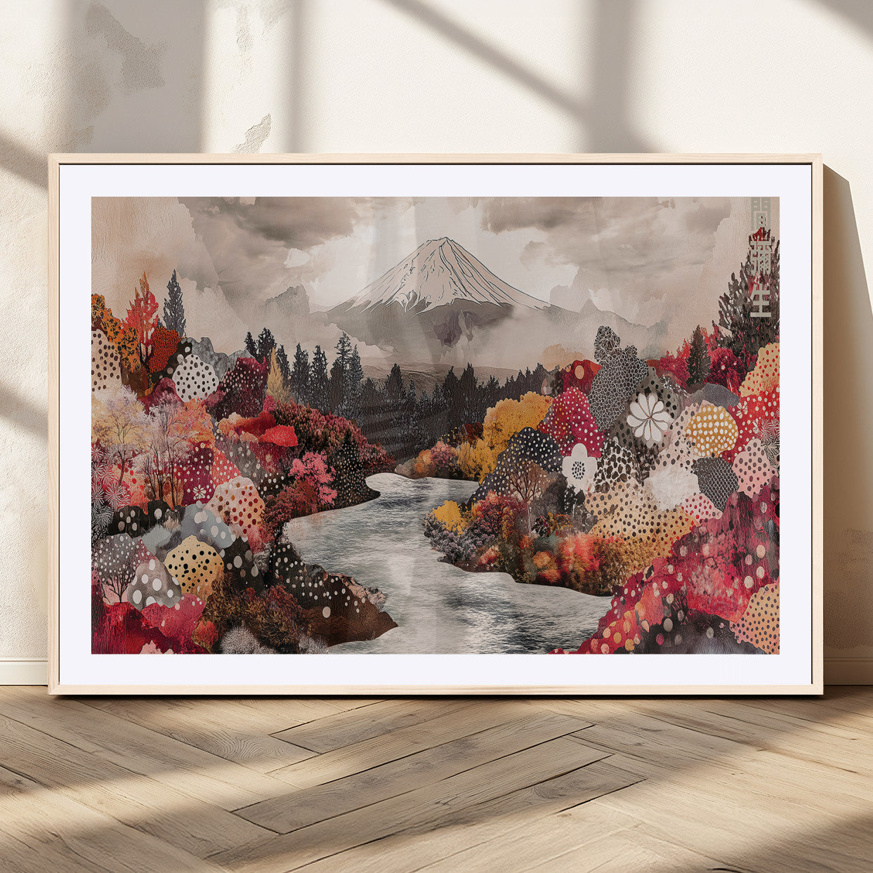 A whimsical mountain landscape with floral autumn trees, river, and misty peak, ideal for cozy, cottagecore, and nature-inspired wall decor.
