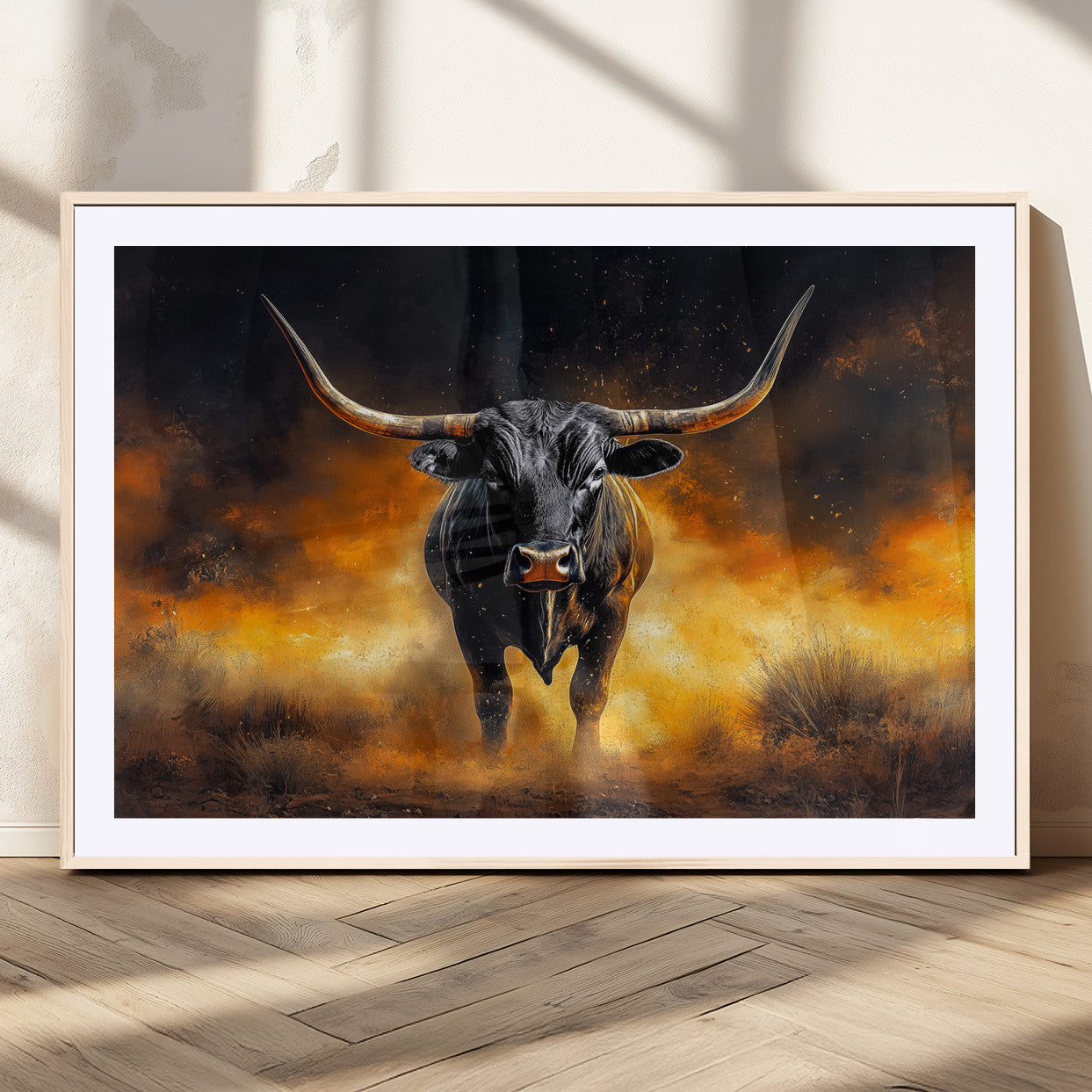 MGC-FP-36x24 - Longhorn Canvas Wall Art Canvas Print, Framed Bold Bull Wall Art Art Picture Print, Western Animal Decor Perfect Western Dramatic Decor Artwork
