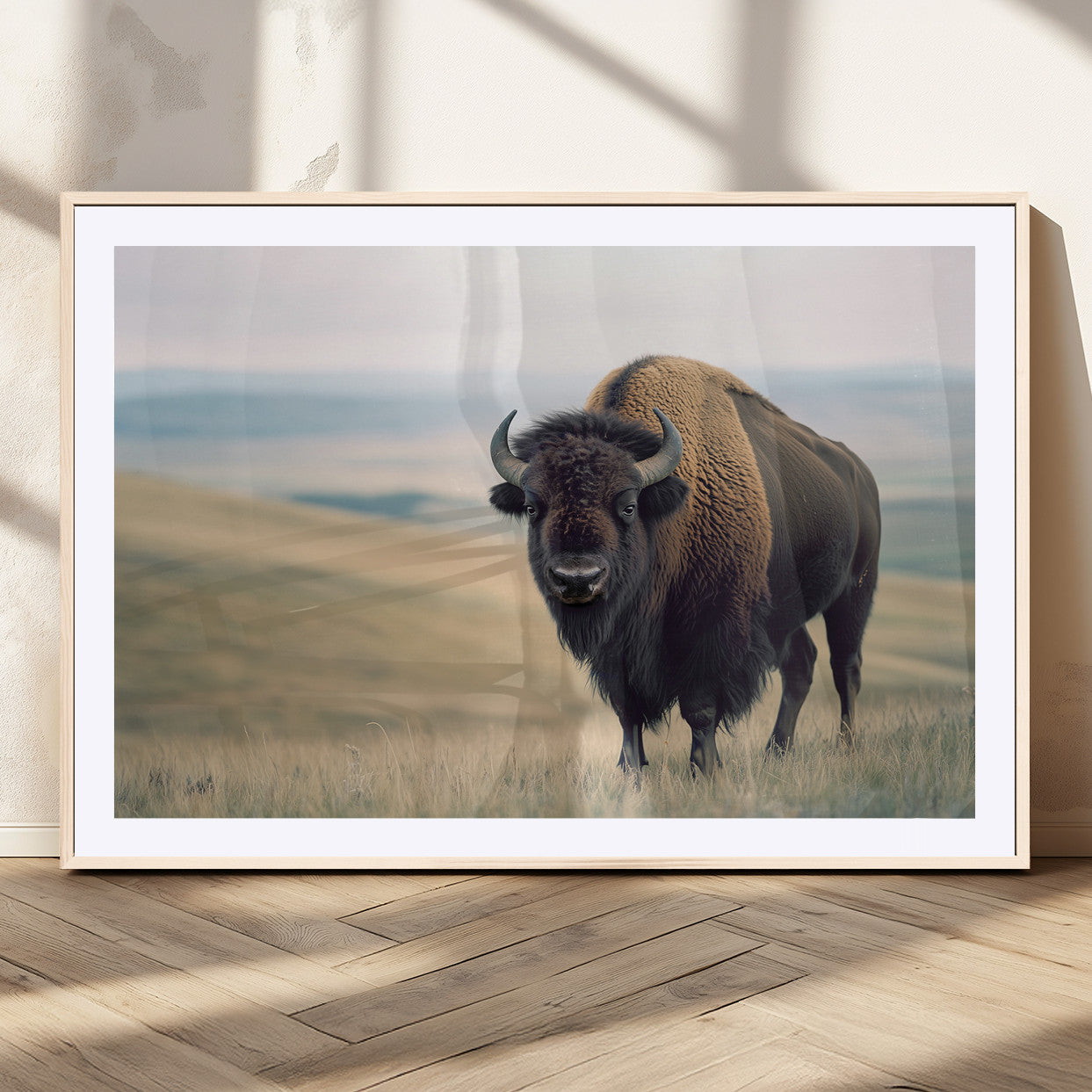 A bison standing strong on a grassy prairie with rolling hills in the background, perfect for rustic and Western-inspired wall decor.
