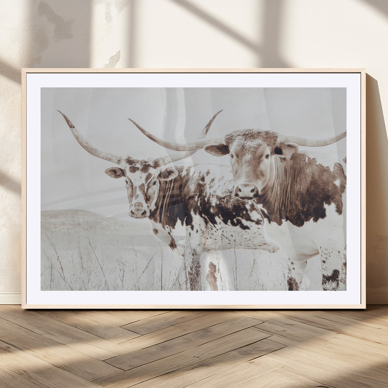 Two longhorn cattle standing in a dry grassy field with neutral tones, creating a rustic and farmhouse-inspired Western aesthetic.