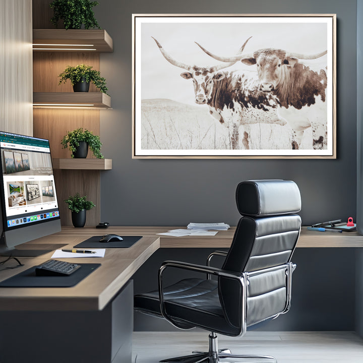 Longhorn Wall Art Wall Art Canvas Print, Western Cow Canvas Print, Framed Rustic Farm Decor Art Print, Large Neutral Animal Scene Printing Perfect for Rustic Farmhouse Decor