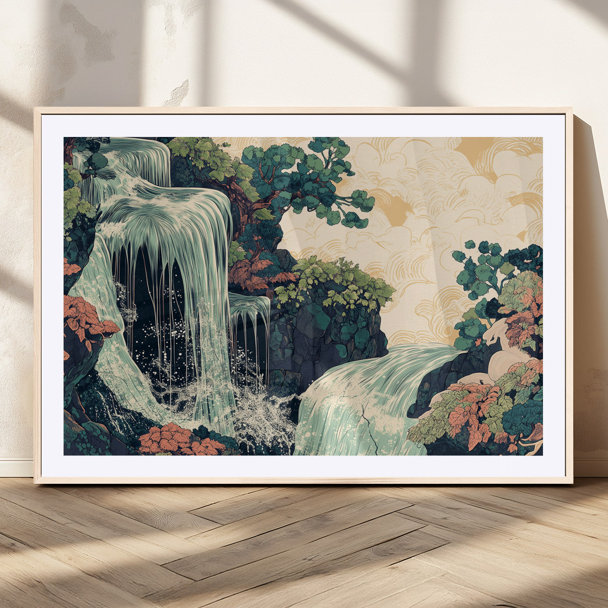 Stylized waterfall flowing through rocky terrain and lush foliage in an oriental art style, ideal for peaceful and nature-themed interiors.