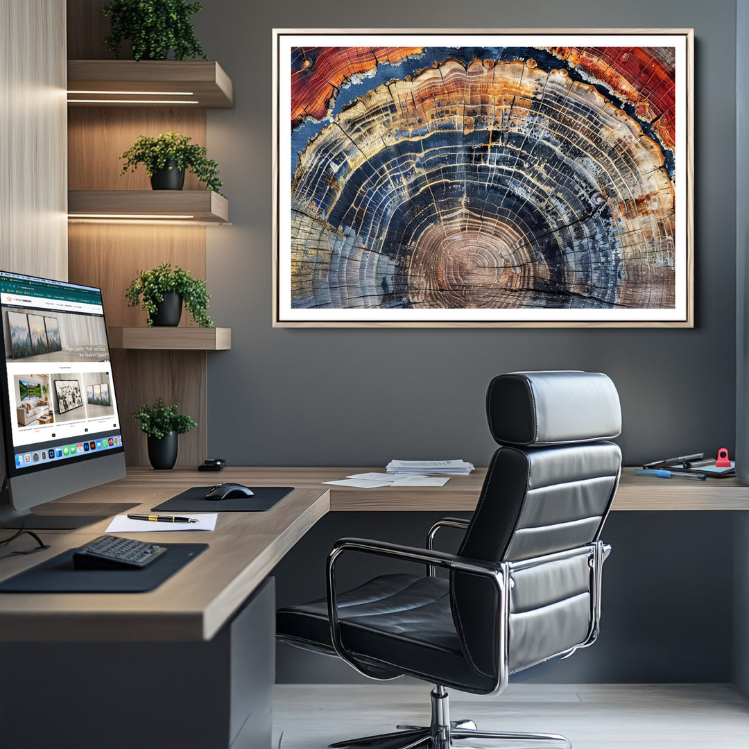 Tree Rings Canvas Wall Art Print, Framed Wood Texture Art Picture Print, Petrified Wood Perfect Modern Rustic Decor Artwork