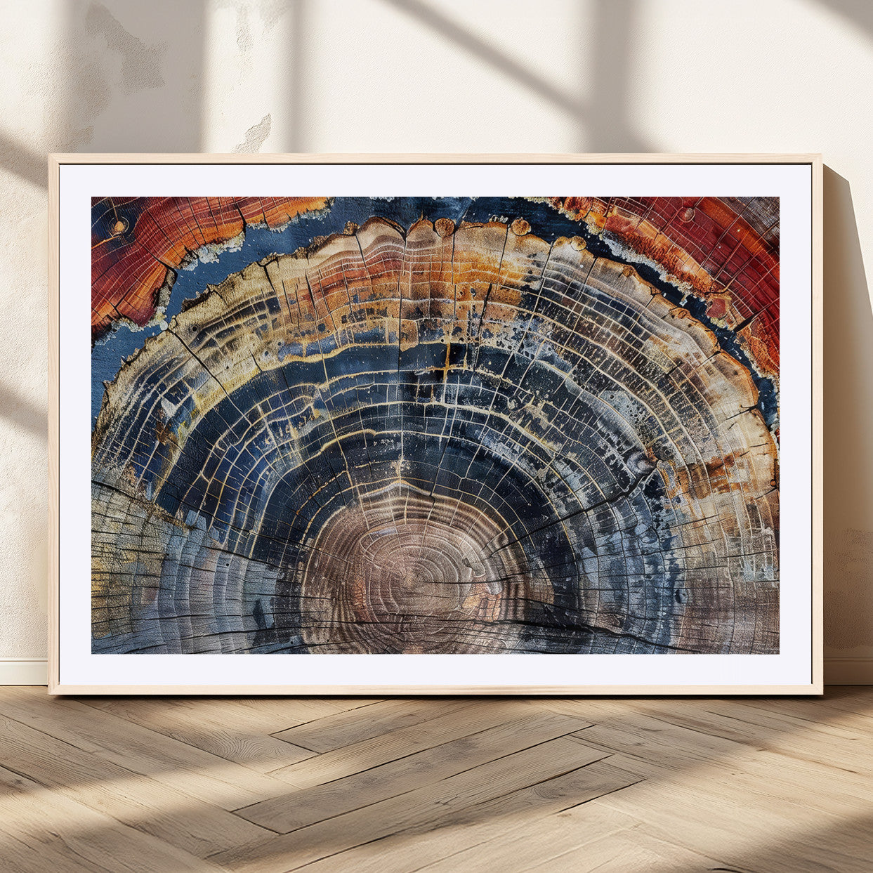 Close-up of petrified wood with rich earthy tones and intricate tree rings, highlighting natural texture and organic patterns.