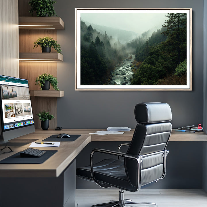 Misty Forest Wall Art Canvas Print, Framed Foggy River Art Picture Print, Moody Landscape Perfect Wilderness Decor Artwork