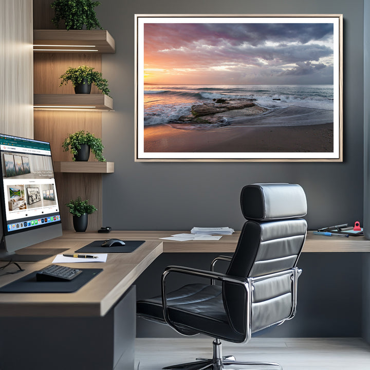 Golden Hour Wall Art Canvas Print, Framed Tranquil Waves Art Picture Print, Beach Perfect Coastal Serenity Decor Artwork