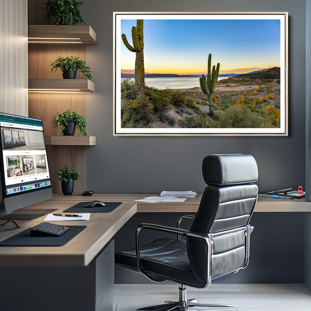 Saguaro Cactus Wall Art Canvas Print, Framed Desert Sunset Art Picture Print, Southwestern Perfect Southwestern Decor Artwork