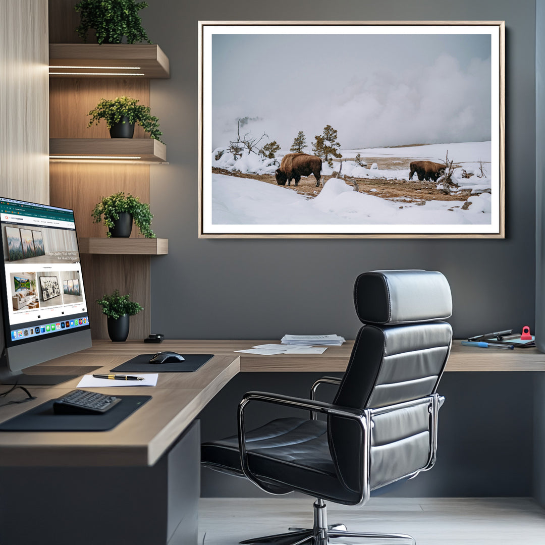 Bison Wildlife Wall Art Canvas Print, Framed Snowy Prairie Art Picture Print, Western Perfect Rustic Decor Artwork