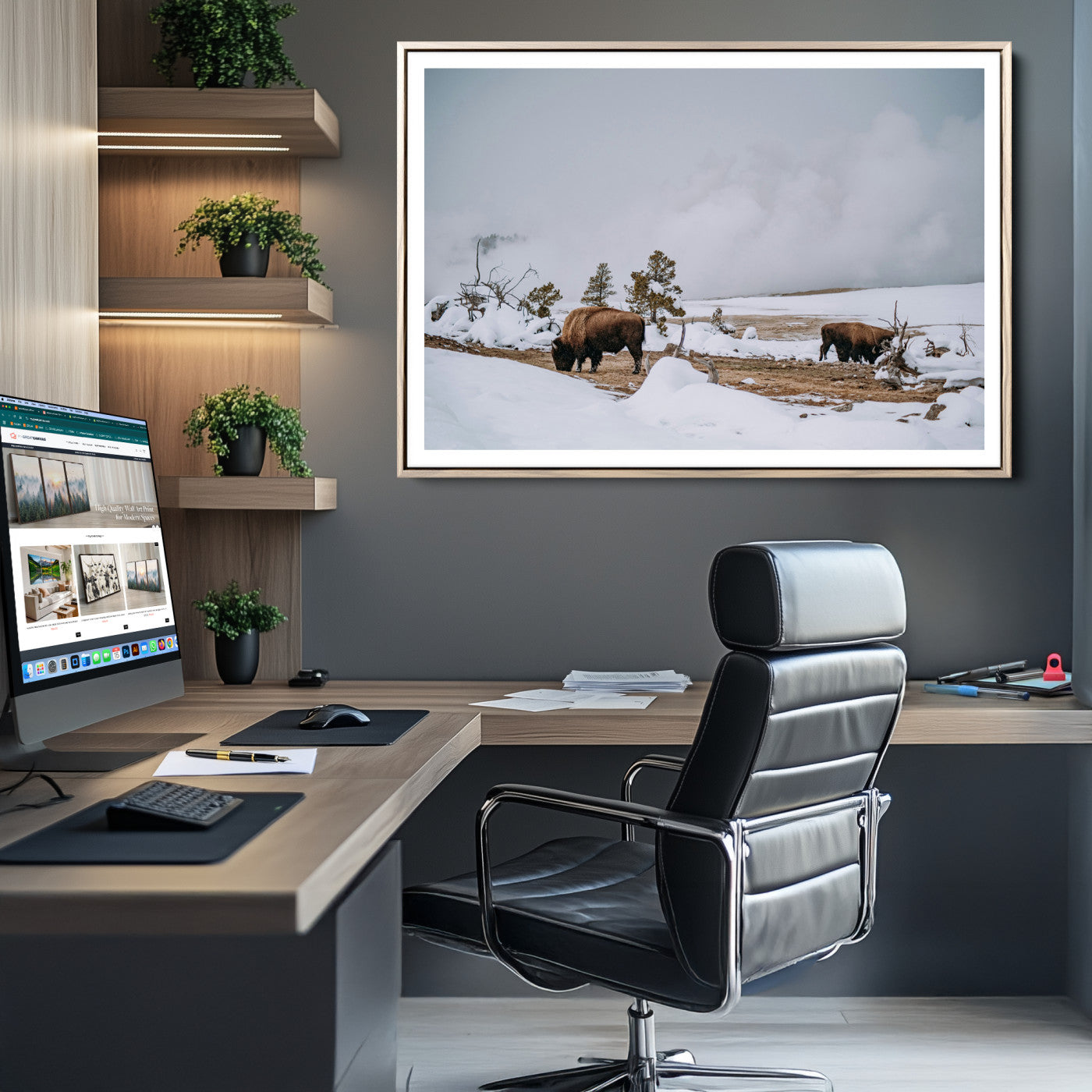 60308289-MGC-FP-36x24_Natural-Bison Wildlife Wall Art Canvas Print, Framed Snowy Prairie Art Picture Print, Western Perfect Rustic Decor Artwork