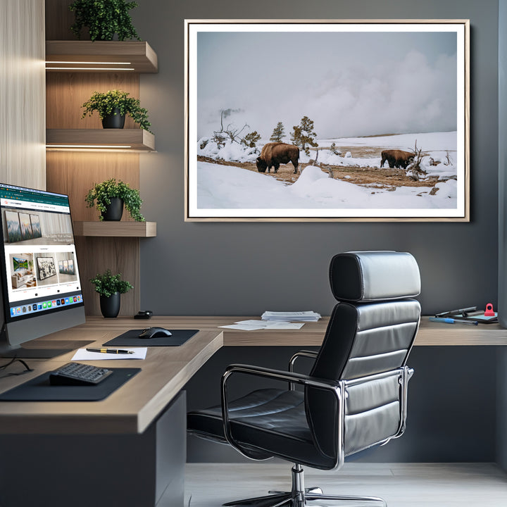 Bison Wildlife Wall Art Canvas Print, Framed Snowy Prairie Art Picture Print, Western Perfect Rustic Decor Artwork
