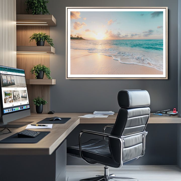 Beach Sunset Wall Art Canvas Print, Framed Ocean Waves Art Picture Print, Summer Escape Perfect Coastal Decor Artwork