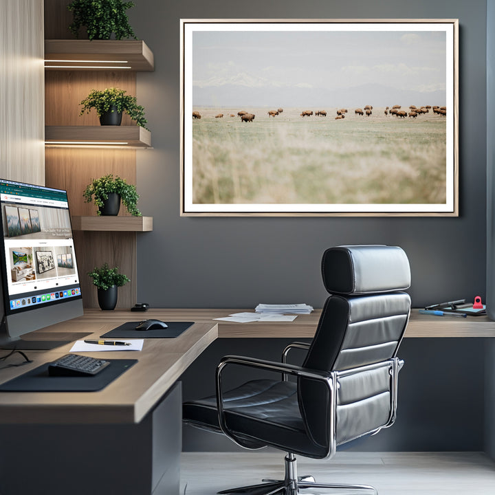Bison Herd Wall Art Canvas Print, Framed Western Art Picture Print, Bison Perfect Ranch Decor Artwork