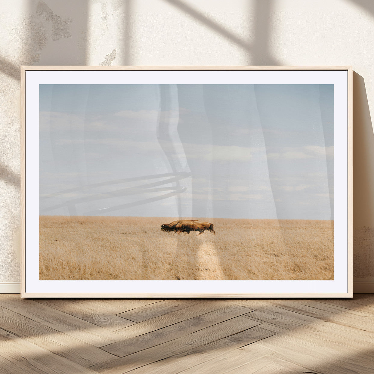 MGC-FP-36x24 - Minimalist Nature Wall Art Canvas Print, Framed Bison In Grassland Art Picture Print, Open Field Perfect Modern Ranch Decor Decor Artwork