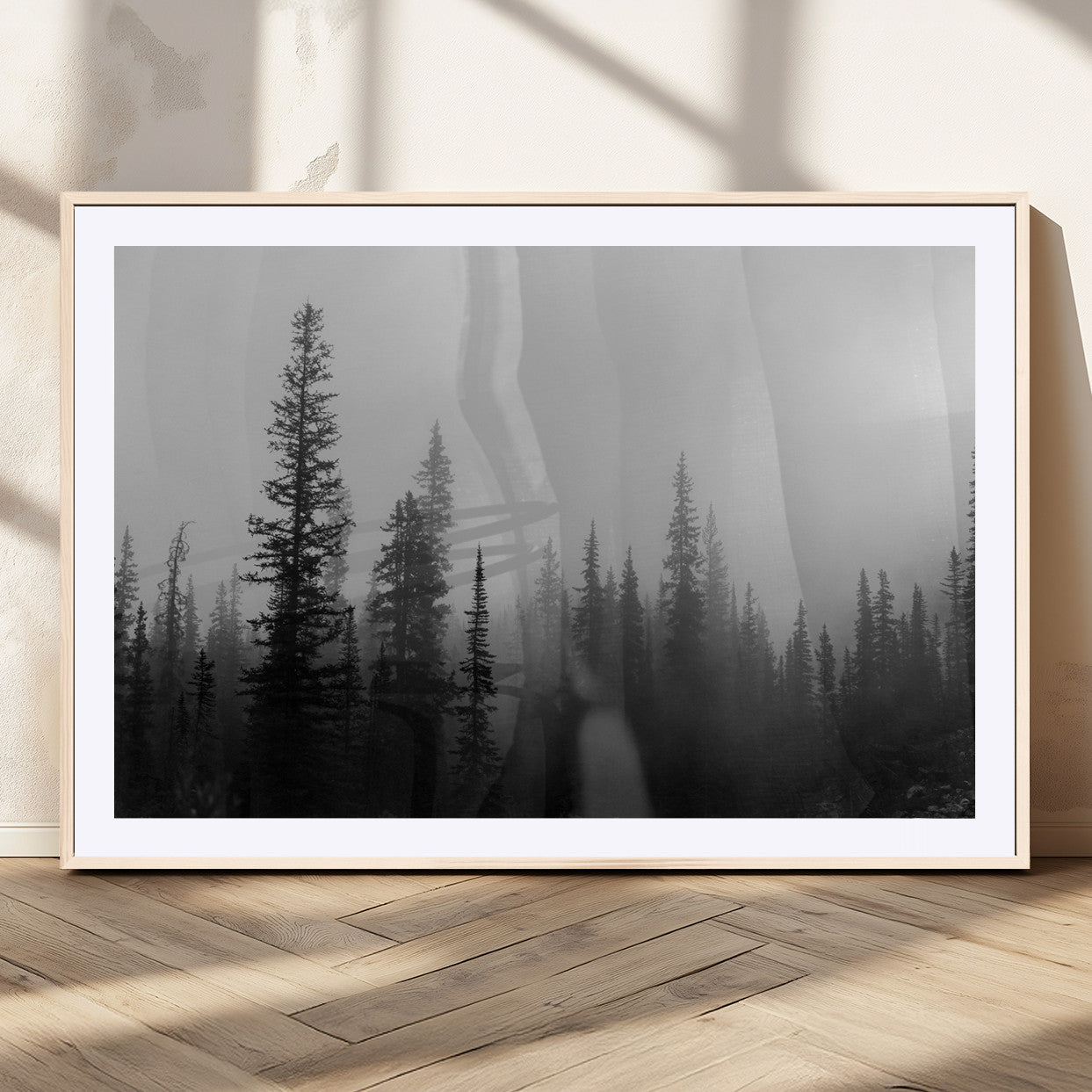 MGC-FP-36x24 - Misty Pines Wall Art Canvas Print, Framed Woodland Photography Art Picture Print, Minimalist Decor Perfect Rustic Decor Artwork