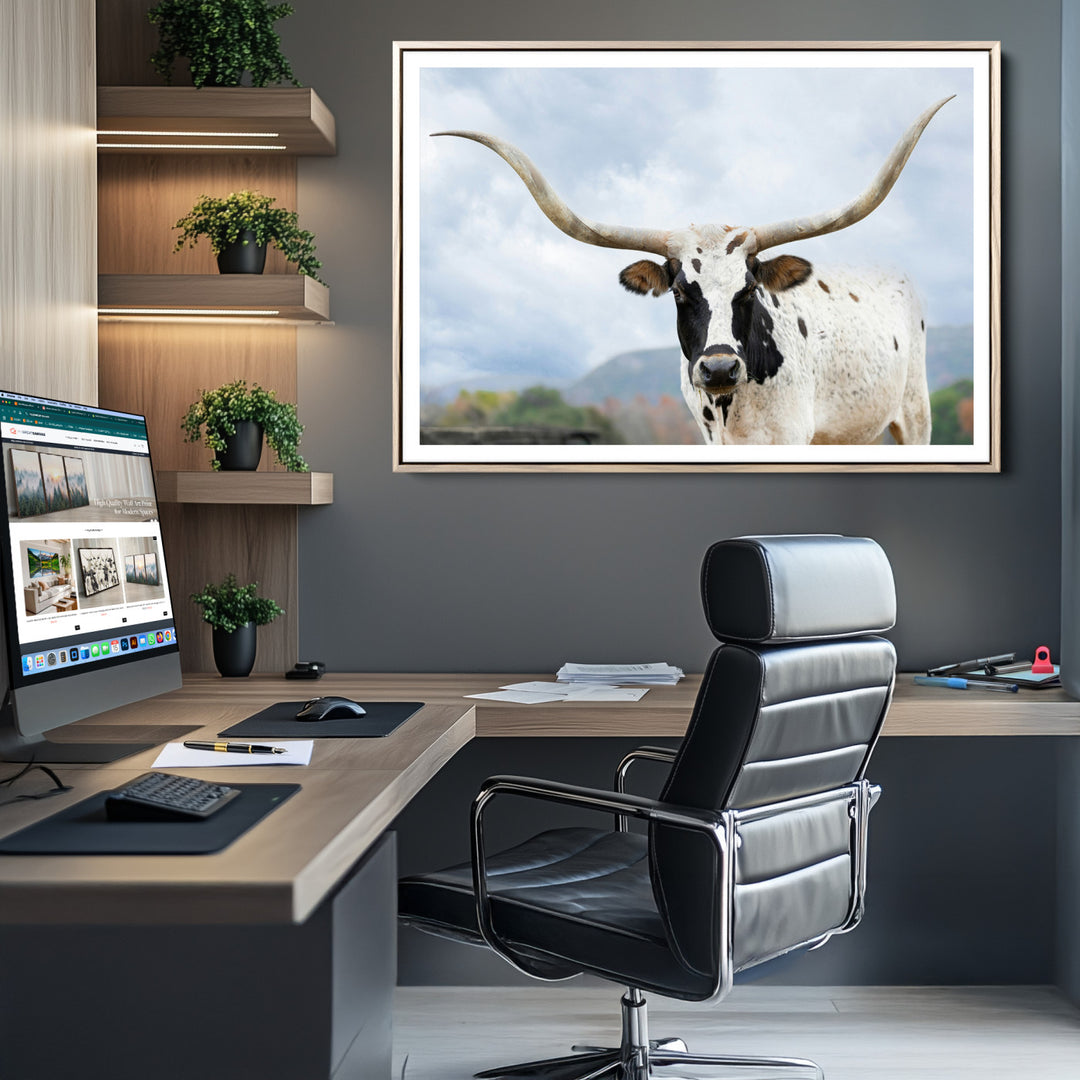 Texas Longhorn Wall Art Canvas Print, Framed Western Rustic Art Picture Print, Farmhouse Decor Perfect Farmhouse Decor Artwork