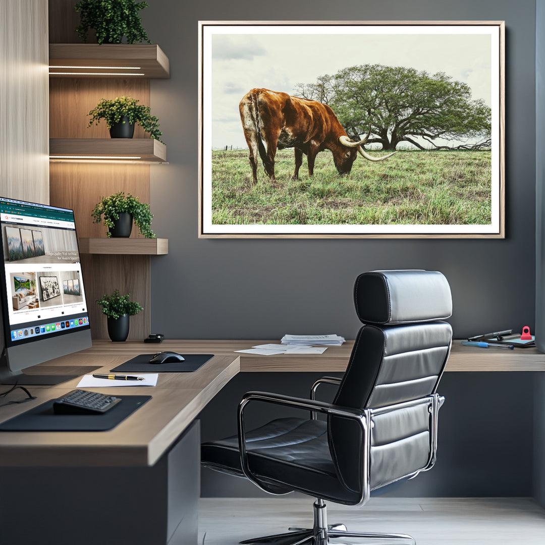 Texas Longhorn Wall Art Canvas Print, Framed Rustic Ranch Art Picture Print, Western Cattle Perfect Rustic Farmhouse Decor Artwork