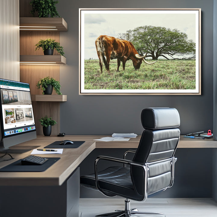 Texas Longhorn Wall Art Canvas Print, Framed Rustic Ranch Art Picture Print, Western Cattle Perfect Rustic Farmhouse Decor Artwork