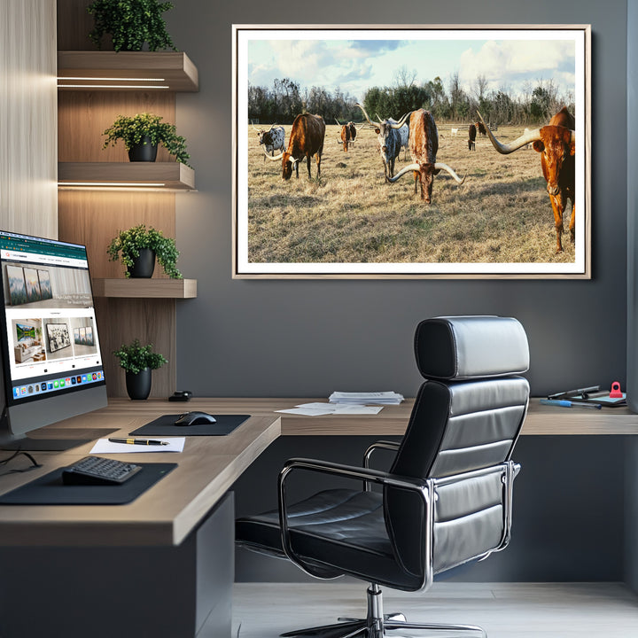 Texas Longhorns Wall Art Canvas Print, Framed Rustic Farm Scene Art Picture Print, Western Cattle Print Canvas Perfect Rustic Farmhouse