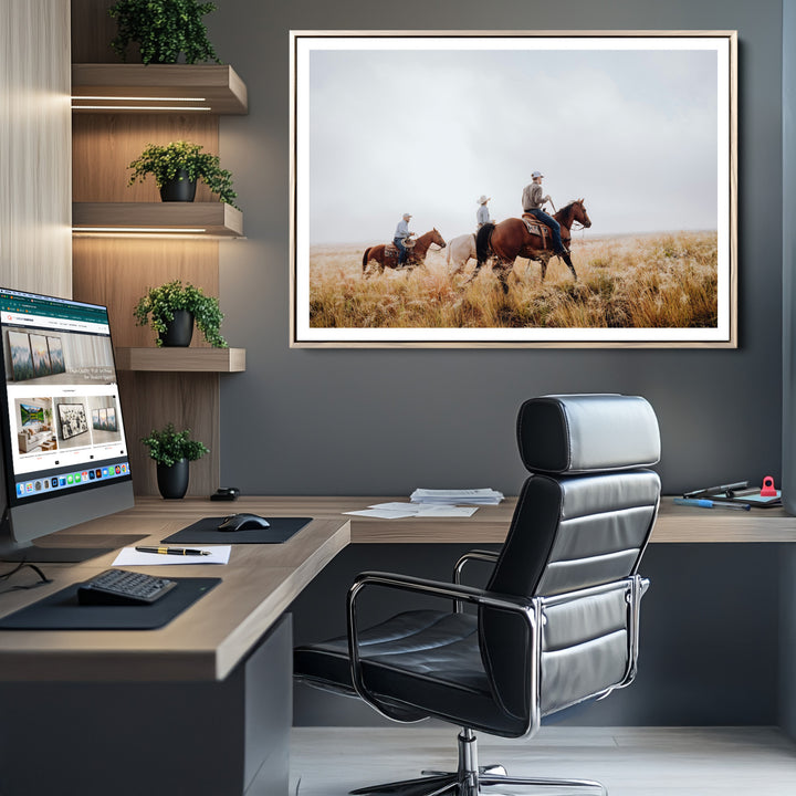 Western Cowboys Wall Art Canvas Print, Framed Rustic Prairie Art Picture Print, Horseback Riding Print Canvas, Perfect Rustic Western Decor