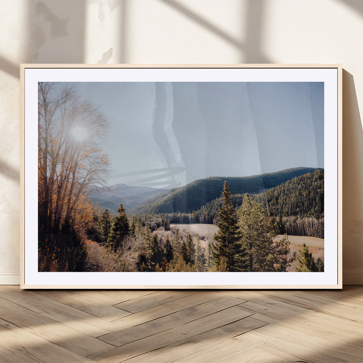 A scenic mountain valley with pine trees and autumn foliage under a clear sky, bathed in golden sunlight, creating a peaceful and rustic landscape.