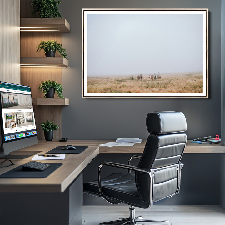 Foggy Plains Wall Art Canvas Print, Framed Horseback Riders Art Picture Print, Rustic Western Perfect Rustic Western Decor Artwork