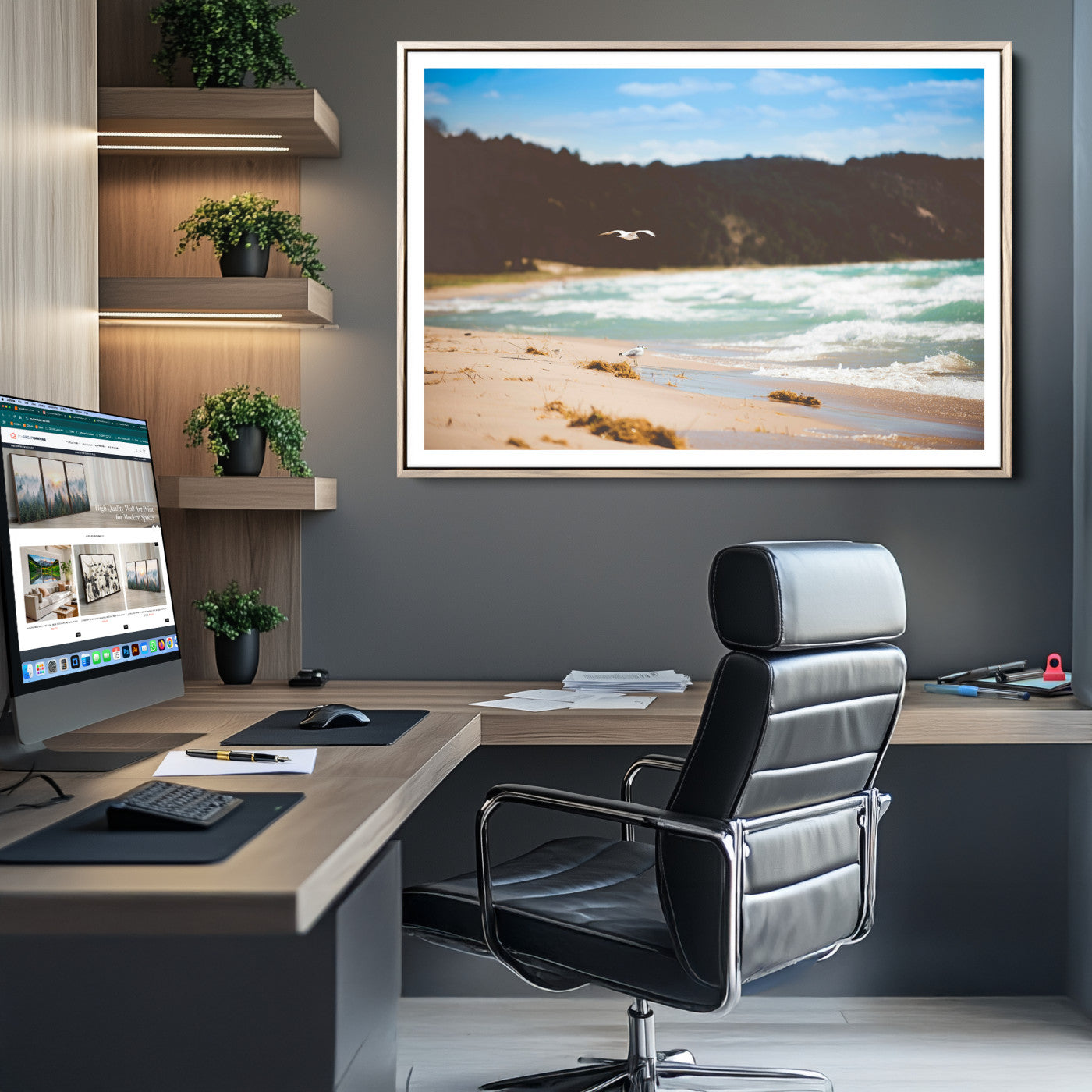 Tranquil Beach Scene Wall Art Canvas Print, Framed Blue Ocean Waves Art Picture Print, Sandy Coastline Perfect Coastal Cottage Decor Artwork