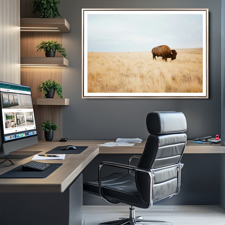 Buffalo Wall Art Canvas Print, Framed Western Wildlife Wall Decor Art Picture Print, Rustic Farmhouse Art Perfect Rustic Western Decor