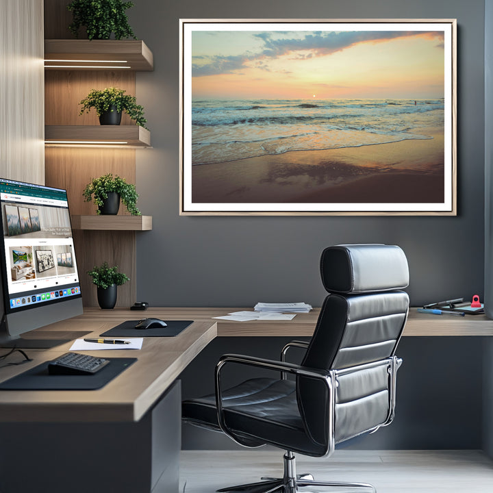 Sunset Seascape Wall Art Canvas Print, Framed Pastel Ocean View Art Picture Print, Tranquil Shoreline Perfect Boho Coastal Decor Artwork