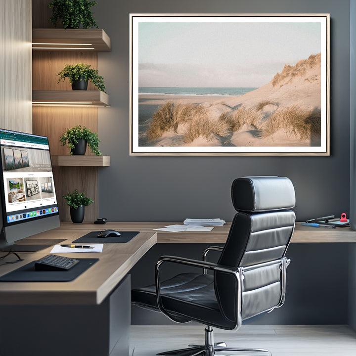 Minimalist Seascape Wall Art Canvas Print, Framed Neutral Beach Print Art Picture Print, Sand Dune Photography Perfect Scandinavian Coastal