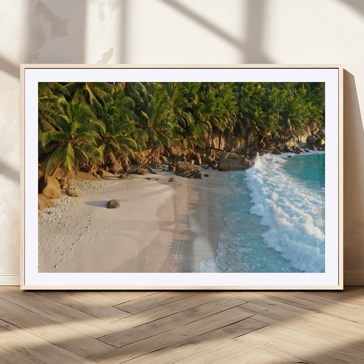 Tropical beach with golden sand, turquoise ocean waves, and lush palm trees, creating a serene coastal paradise for beach-themed decor.
