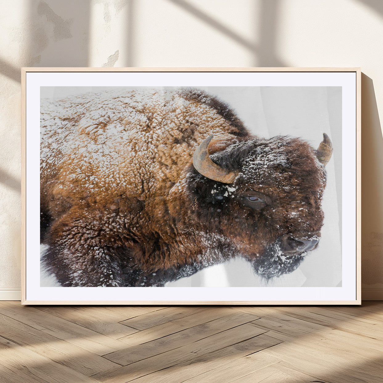 Close-up photograph of a bison covered in snow, highlighting its thick fur and powerful presence, set against a white winter backdrop, ideal for rustic decor.