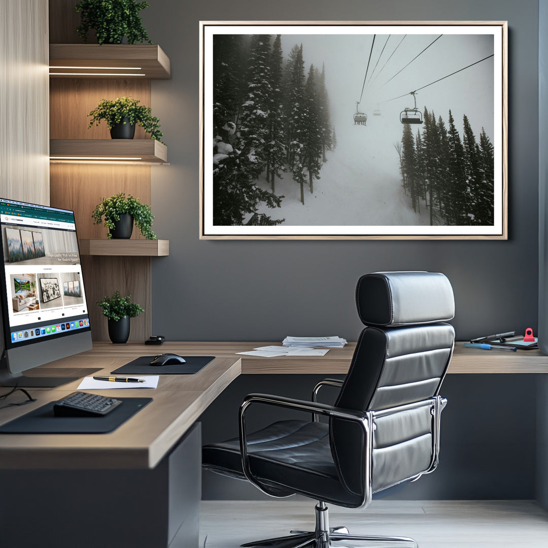 Ski Lift Wall Art Canvas Print, Framed Snowy Pines Art Picture Print, Misty Landscape Perfect Winter Serenity Decor Artwork