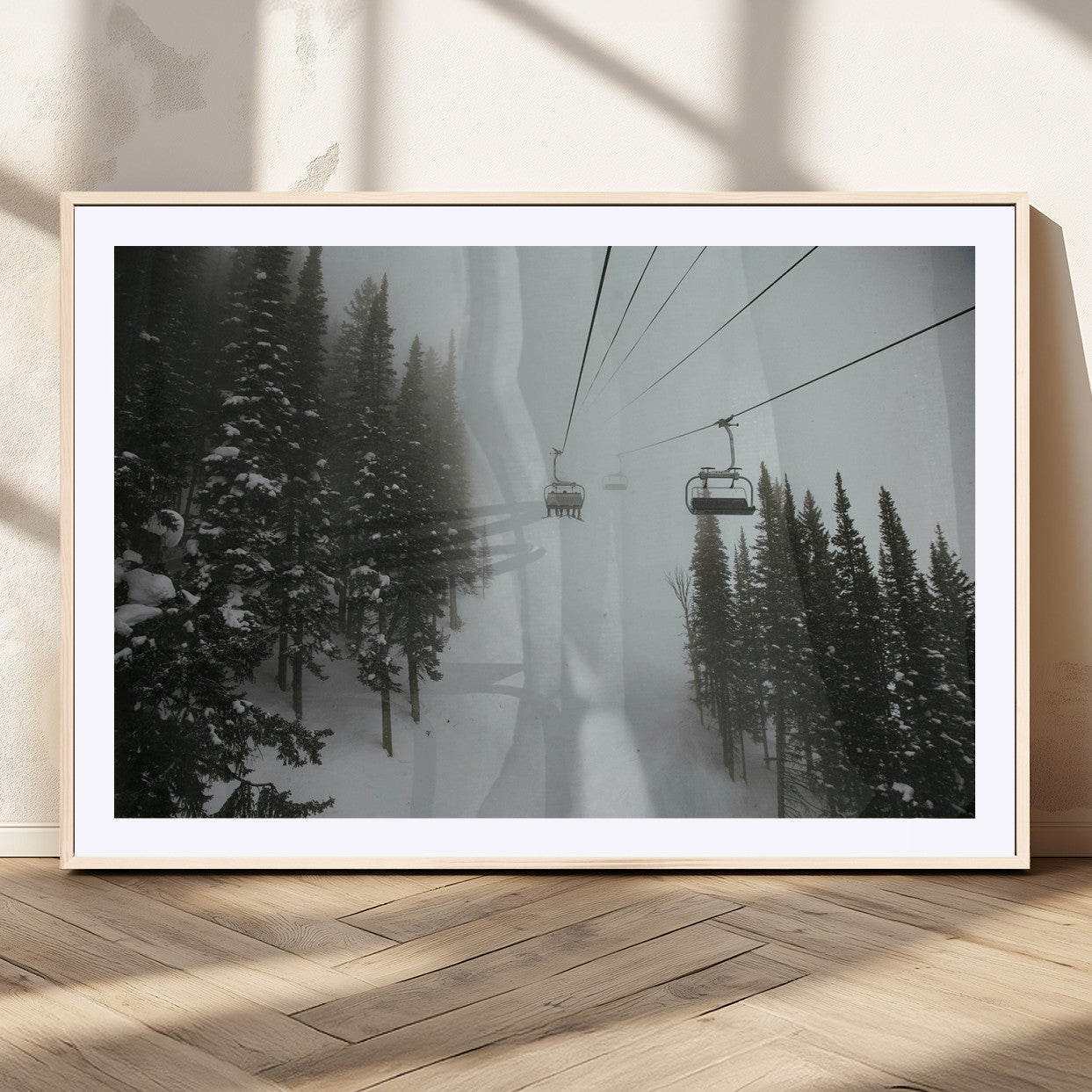 MGC-FP-36x24 - Ski Lift Wall Art Canvas Print, Framed Snowy Pines Art Picture Print, Misty Landscape Perfect Winter Serenity Decor Artwork