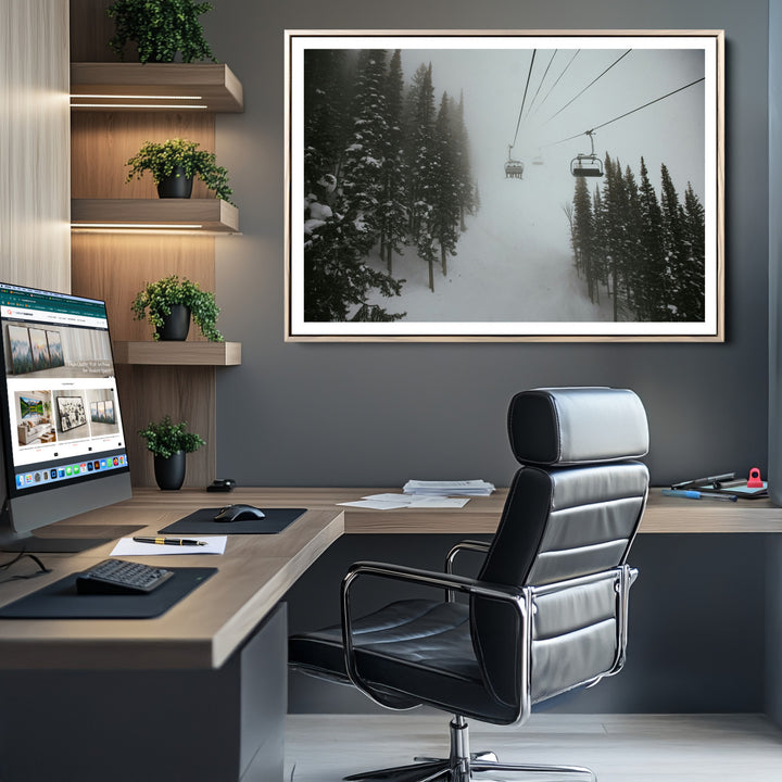 Ski Lift Wall Art Canvas Print, Framed Snowy Pines Art Picture Print, Misty Landscape Perfect Winter Serenity Decor Artwork