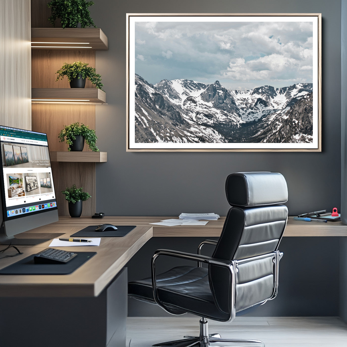 94074619-MGC-FP-36x24_Natural-Snowy Peaks Wall Art Canvas Print - Framed Alpine Wilderness Art, Alpine Wall Art Canvas, Mountain Escape Perfect Winter Serenity Decor