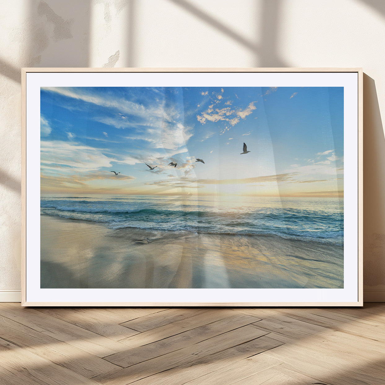 MGC-FP-36x24 - Minimalist Seaside Wall Art Canvas Print, Framed Morning Glow Art Picture Print, Golden Reflections Perfect Coastal Minimalist Decor Artwork