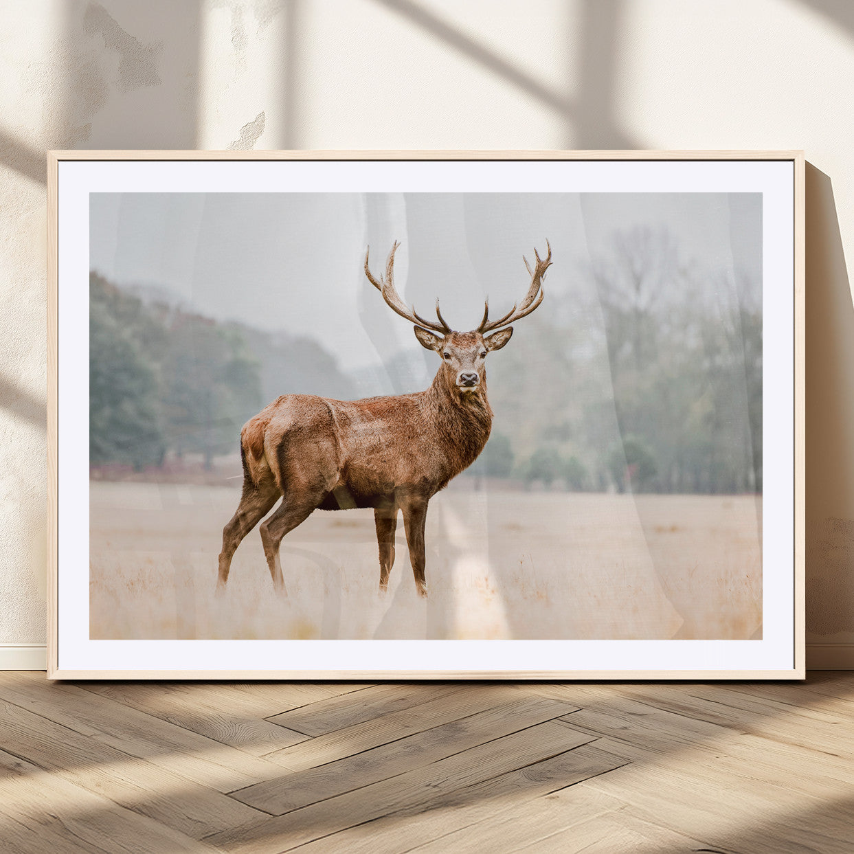 MGC-FP-36x24 - Vintage Wildlife Art Wall Art Canvas Print, Framed Misty Landscape Art Picture Print, Deer Wall Art Perfect Rustic Wildlife Decor Artwork