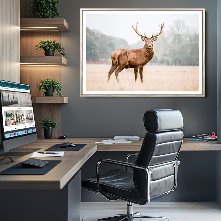 Vintage Wildlife Canvas Print, Framed Misty Landscape Art Picture Print, Deer Wall Art Perfect Rustic Wildlife Decor Artwork